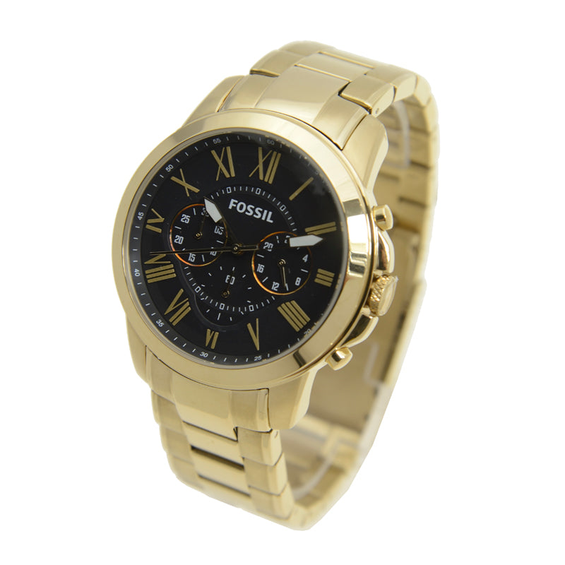 Fossil Grant Chronograph Black Dial Gold Steel Strap Watch for Men - FS4815