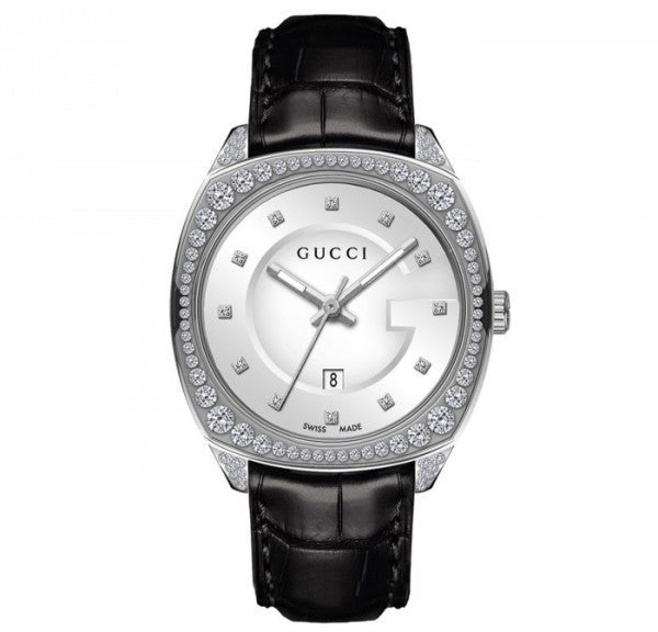 Gucci GG2570 Diamonds Silver Dial Black Leather Strap Watch For Women - YA142507