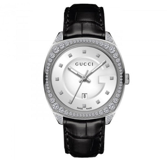 Gucci GG2570 Silver Dial Diamonds Black Leather Strap Watch For Women - YA142507