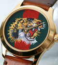 Gucci Le Marché Des Merveilles Tiger Green Red Dial Brown Leather Strap Unisex Watch - YA126497