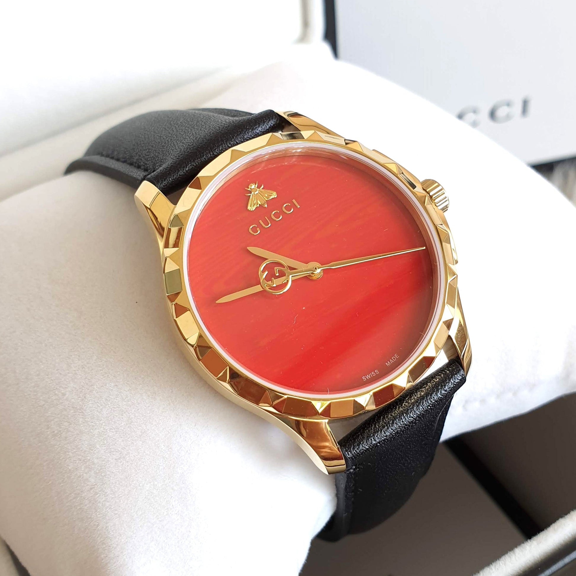 Gucci G Timeless Quartz Red Dial Black Leather Strap Watch For Men - YA126464