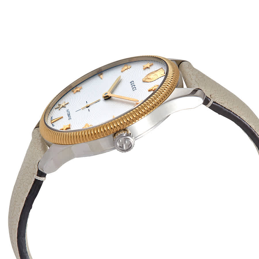 Gucci G Timeless Automatic Silver Dial Beige Leather Strap Watch For Men - YA126348