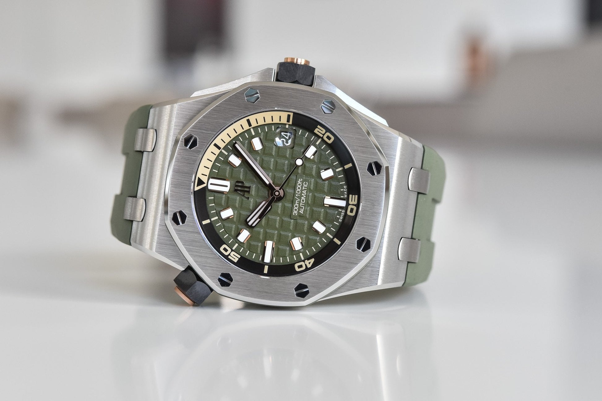 Audemars Piguet Royal Oak Offshore Diver Green Dial Green Rubber Strap Watch for Men - 15710ST.OO.A052CA.01