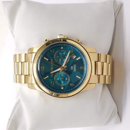 Michael Kors Runway Hunger Stop100 Series Blue Dial Gold Steel Strap Watch for Women - MK5815