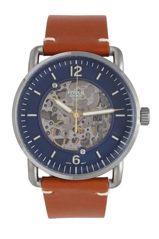 Fossil Commuter Automatic Skeleton Blue Dial Brown Leather Strap Watch for Men - ME3159