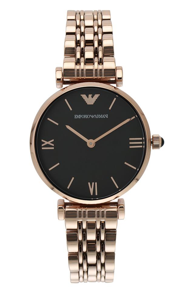 Emporio Armani Gianni T-Bar Mother of Pearl Black Dial Rose Gold Steel Strap Watch For Women - AR11145