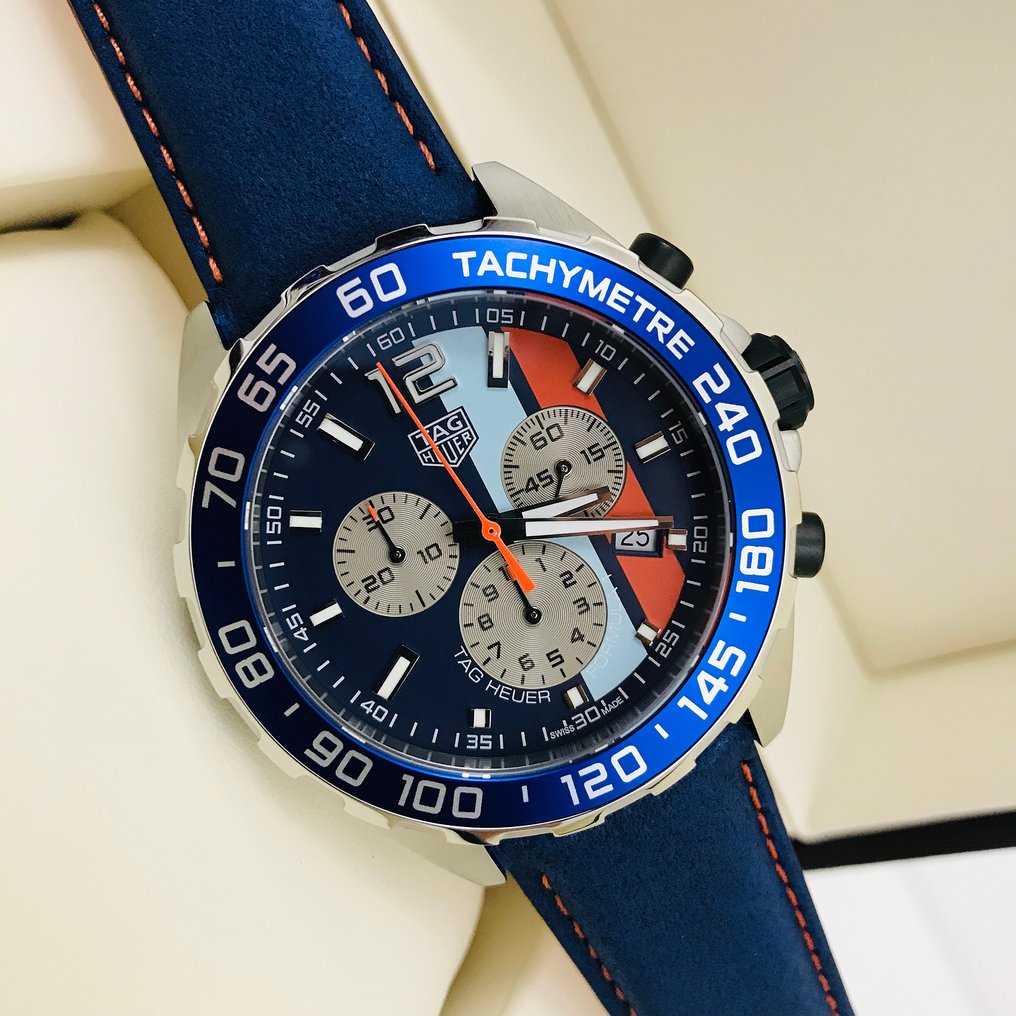 Tag Heuer Formula 1 Gulf Edition Blue Dial Blue Leather Strap Watch for Men - CAZ101N.FC8243