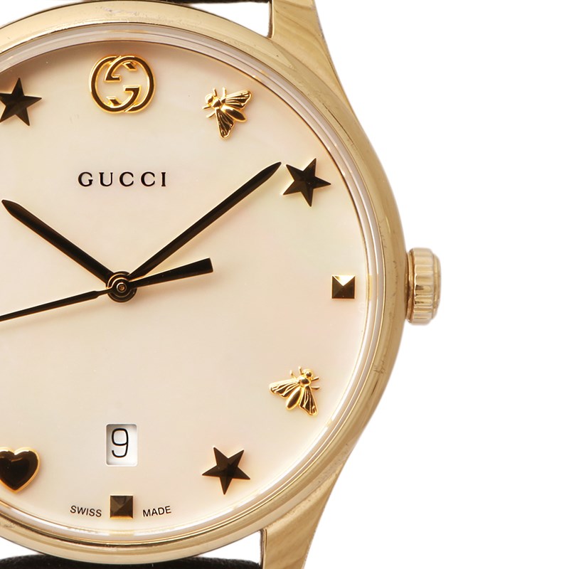 Gucci G-Timeless Quartz Mother of Pearl Dial Black Leather Strap Watch For Women - YA1264044