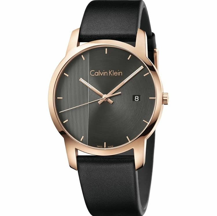 Calvin Klein City Quartz Grey Dial Black Leather Strap Watch for Men - K2G2G6C3