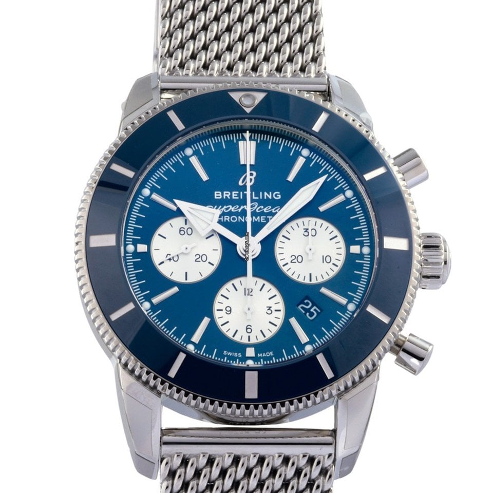 Breitling Superocean Heritage B01 Chronograph 44 Blue Dial Silver Mesh Bracelet Watch for Men - AB0162161C1A1