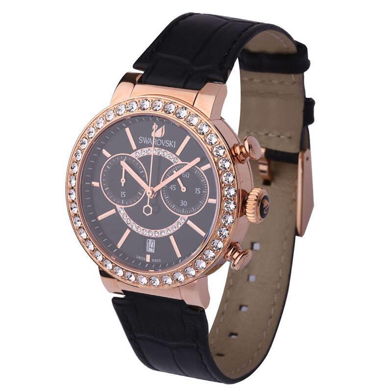 Swarovski Citra Sphere Chronograph Black Dial Black Leather Strap Watch for Women - 5055209