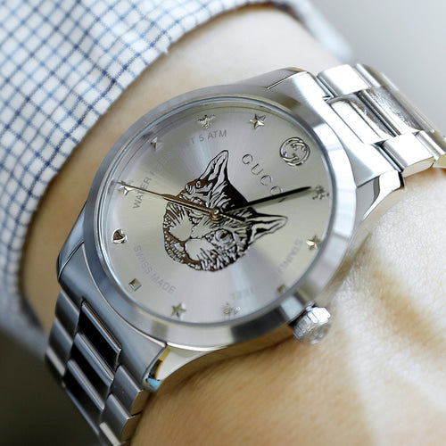 Gucci G Timeless Feline Silver Dial Silver Steel Strap Watch For Women - YA1264095