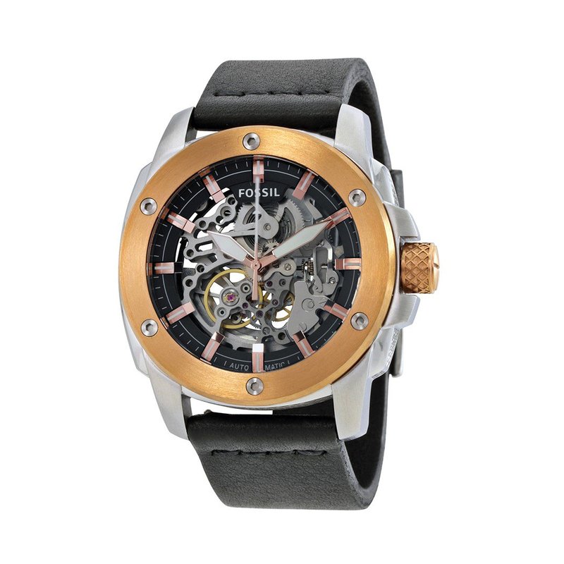 Fossil Modern Machine Automatic Skeleton Silver Dial Black Leather Strap Watch for Men - ME3082