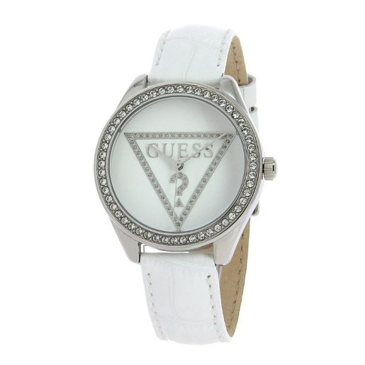 Guess Mini Triangle Quartz Diamonds Silver Dial White Leather Strap Watch For Women - W65006L1