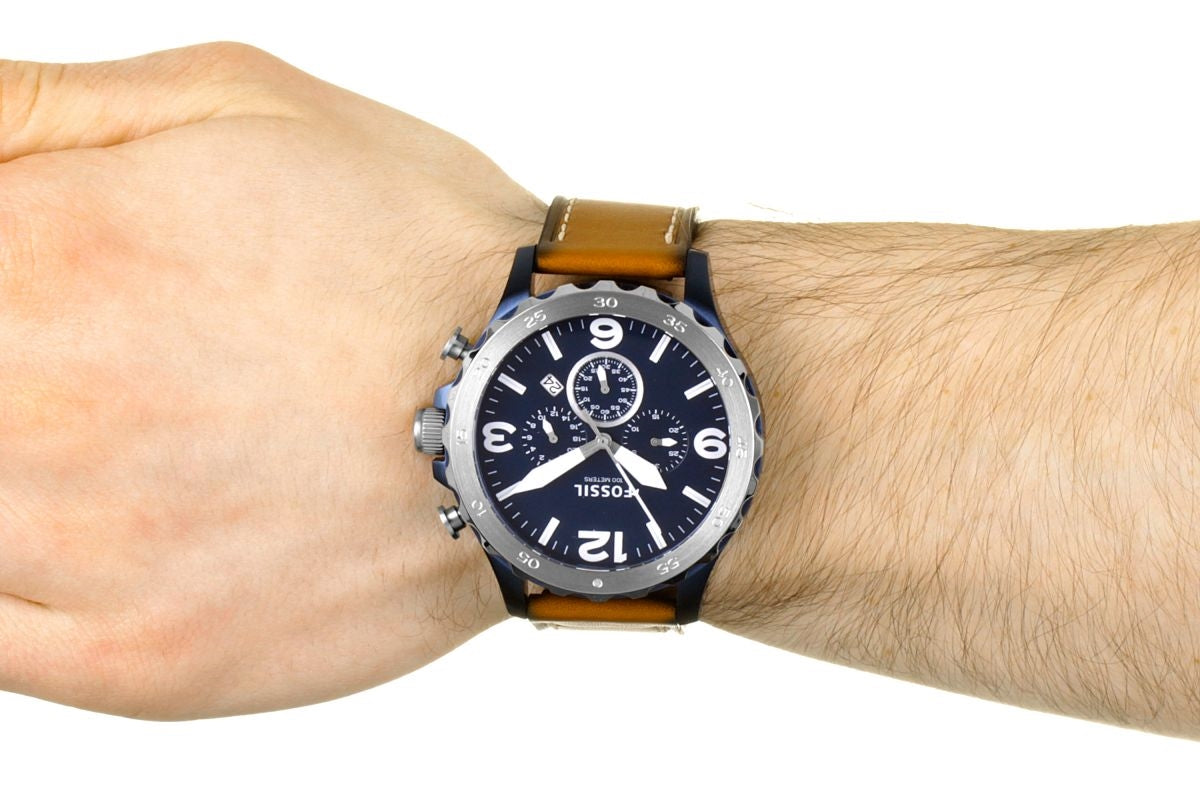 Fossil Nate Chronograph Blue Dial Brown Leather Strap Watch for Men - JR1504