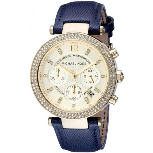 Michael Kors Parker Gold Dial Blue Leather Strap Watch for Women - MK2280