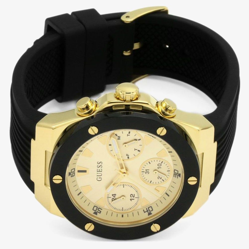 Guess Athena Gold Dial Black Rubber Strap Watch For Women - GW0030L2