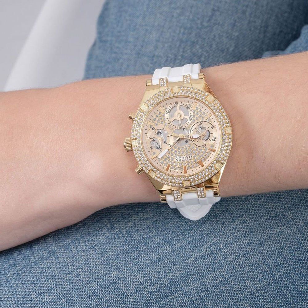 Guess Heiress Diamonds Gold Dial White Rubber Strap Watch for Women - GW0407L2