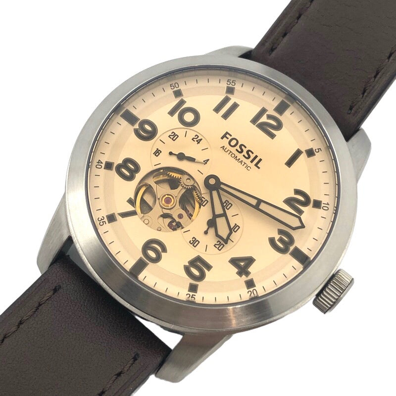 Fossil Pilot 54 Automatic Cream Dial Brown Leather Strap Watch for Men - ME3119