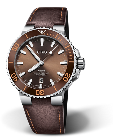 Oris Aquis Date Brown Dial Brown Leather Strap Watch for Men - 0173377304152-0752412EB