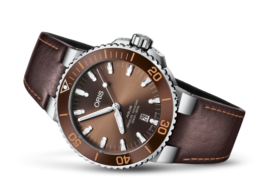 Oris Aquis Date Brown Dial Brown Leather Strap Watch for Men - 0173377304152-0752412EB