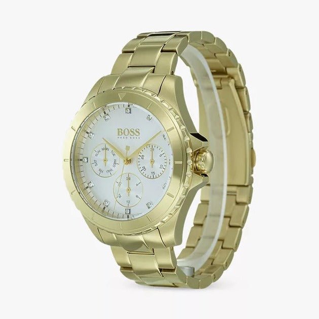 Hugo Boss Premiere White Dial Gold Steel Strap Watch for Women - 1502445