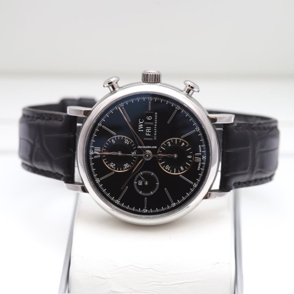 IWC Portofino Chronograph Black Dial Black Leather Strap Watch for Men - IW391008