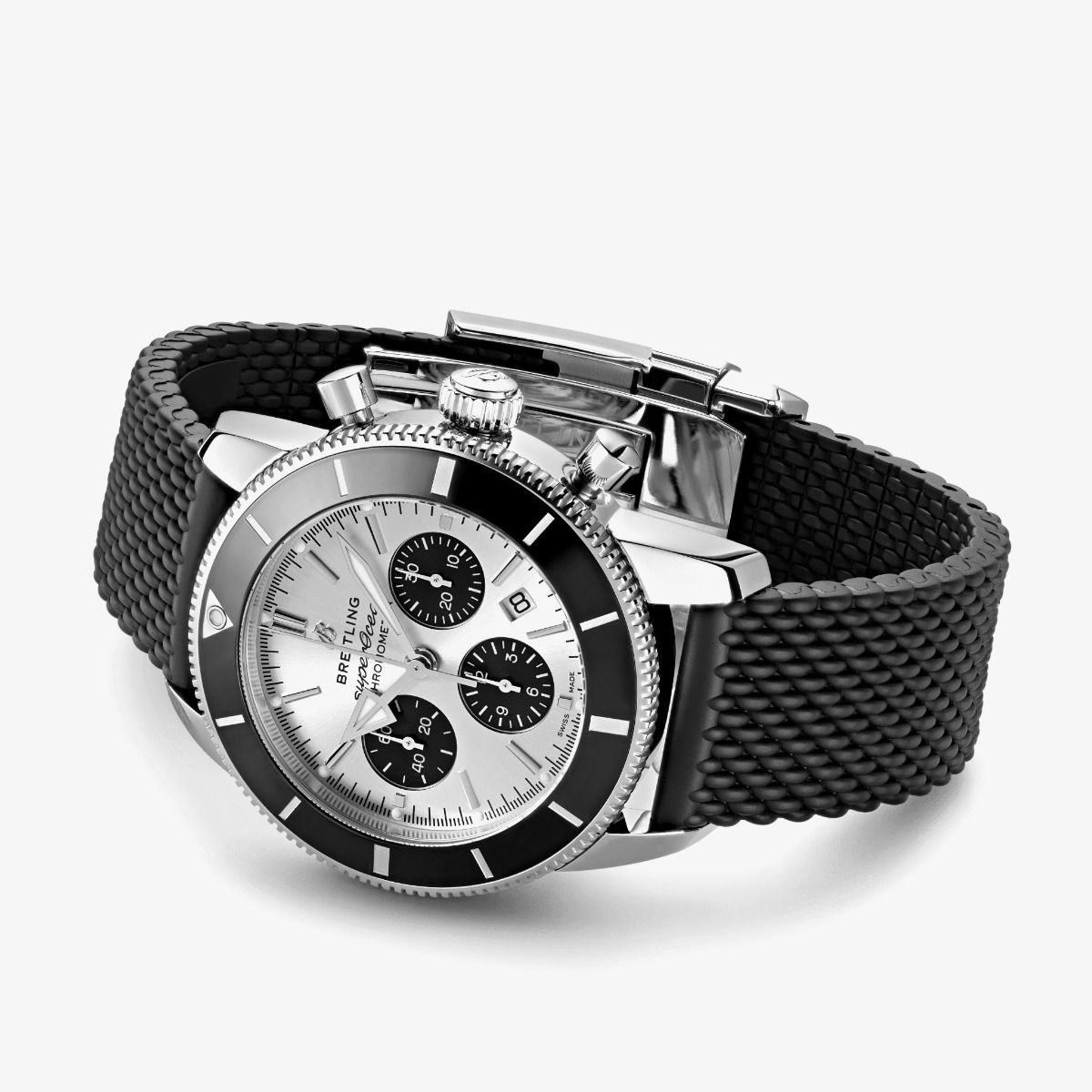 Breitling Superocean Heritage B01 Chronograph 44 Silver Dial Black Mesh Bracelet Watch for Men - AB0162121G1S1