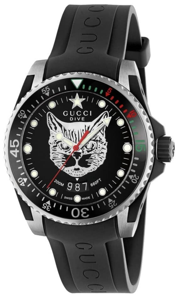 Gucci Dive Feline Quartz Black Dial Black Rubber Strap Watch For Men - YA136320