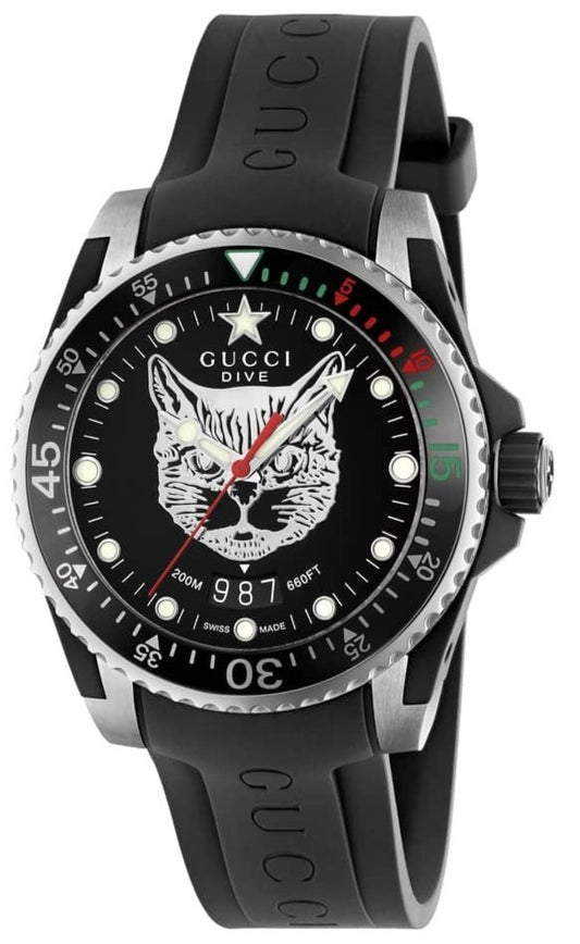Gucci Dive Feline Quartz Black Dial Black Rubber Watch For Men - YA136320