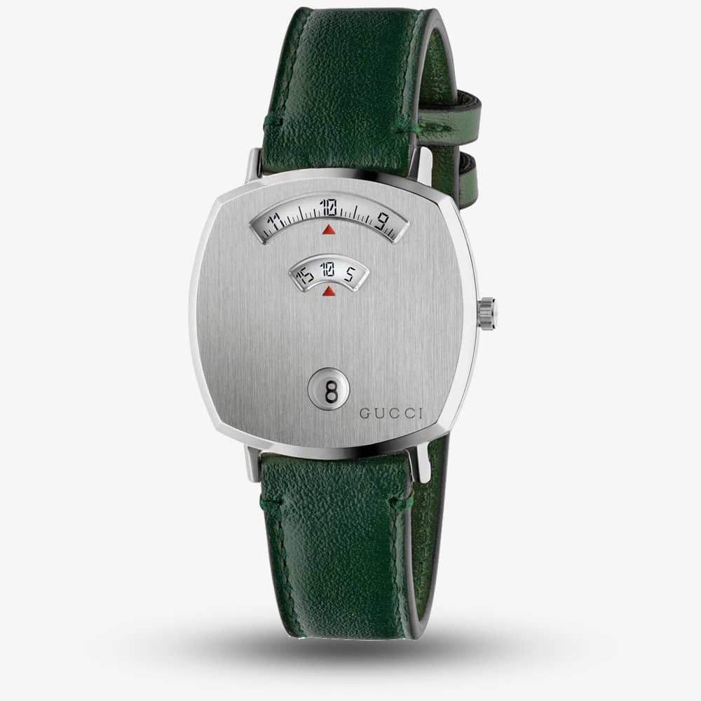 Gucci Grip Quartz Silver Dial Green Leather Strap Unisex Watch - YA157406