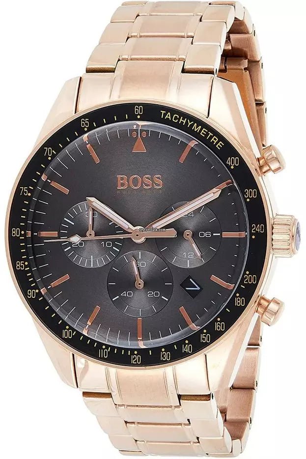 Hugo Boss Trophy Chronograph Grey Dial Rose Gold Steel Strap Watch for Men - 1513632