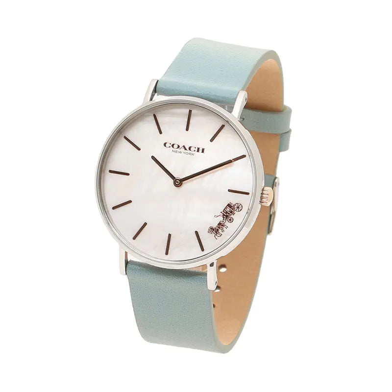 Coach Perry White Mother of Pearl Dial Turquoise Leather Strap Watch for Women - 14503271