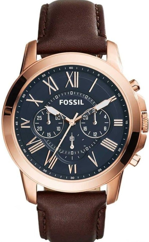 Fossil Grant Chronograph Blue Dial Brown Leather Strap Watch for Men - FS5068