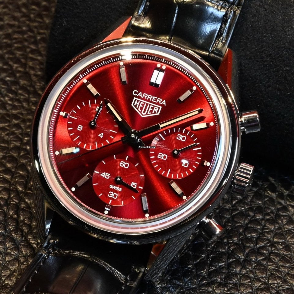 Tag Heuer Carrera Automatic Chronograph Red Dial Black Leather Strap Watch for Men - CBK221G.FC6479