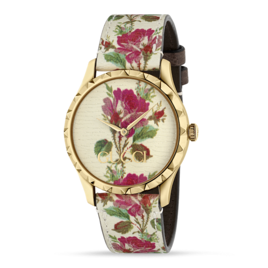 Gucci G Timeless Floral White Dial White Leather Strap Watch For Women - YA1264084