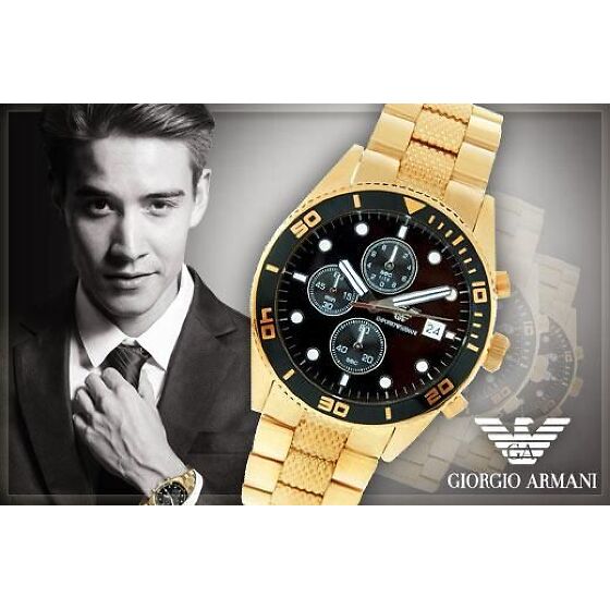 Emporio Armani Chronograph Black Dial Gold Steel Strap Watch For Men - AR5857