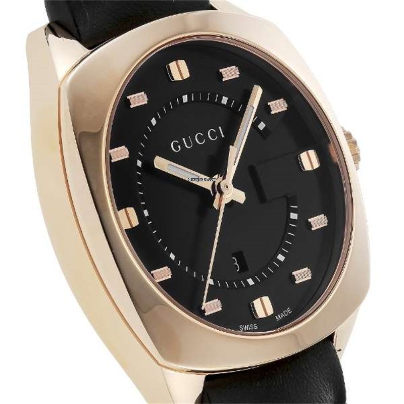 Gucci Black Leather Strap Black Dial Gold Tone Quartz Watch For Women - YA142407