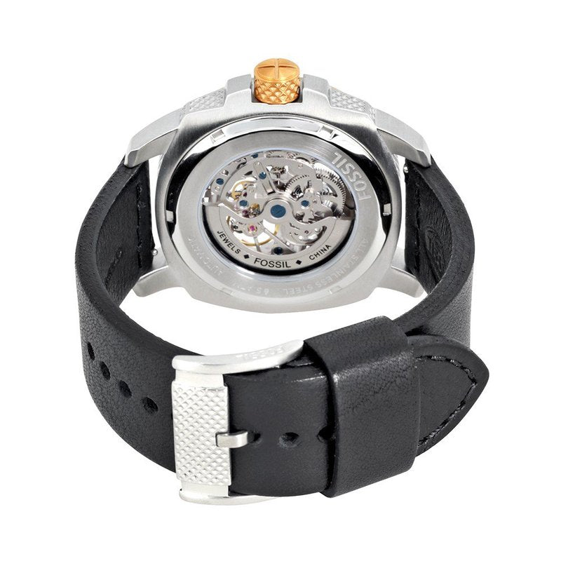 Fossil Modern Machine Automatic Skeleton Silver Dial Black Leather Strap Watch for Men - ME3082