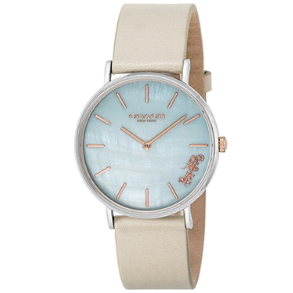 Coach Perry Blue Mother of Pearl Dial White Leather Strap Watch for Women - 14503270