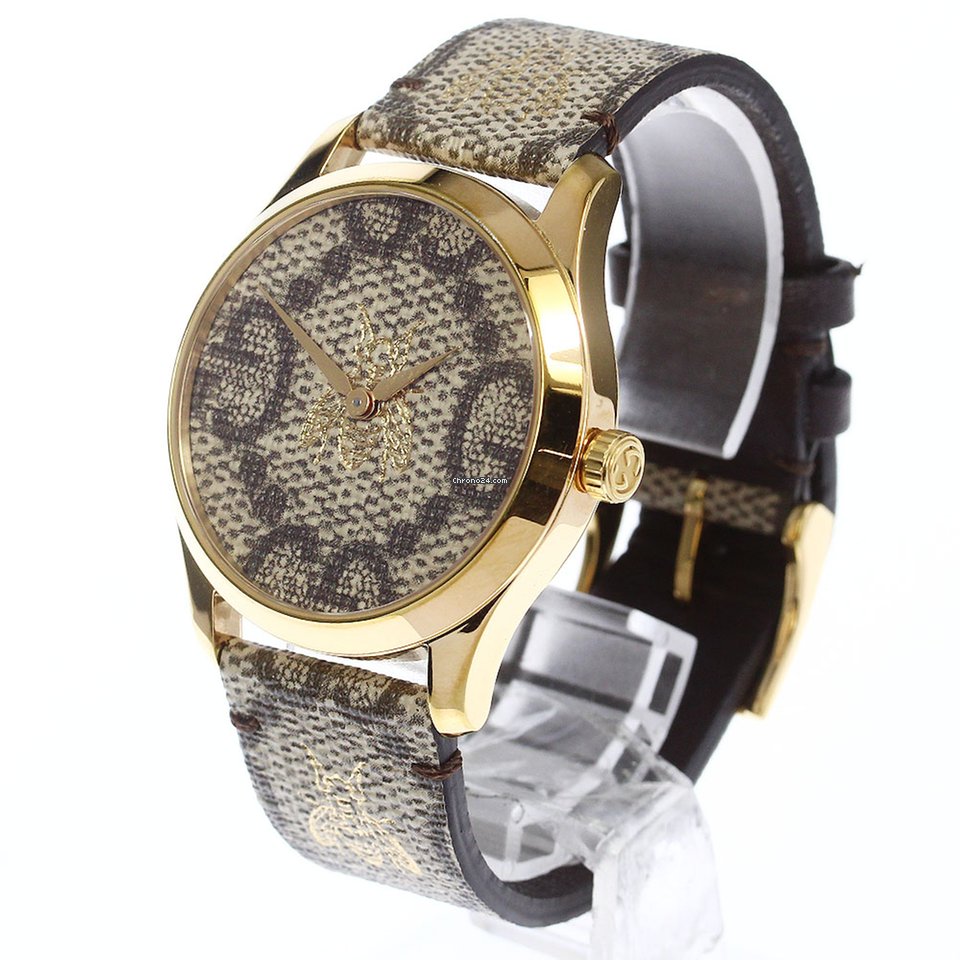 Gucci G Timeless Bee Motif Quartz Brown Dial Brown Leather Strap Watch For Men - YA1264068