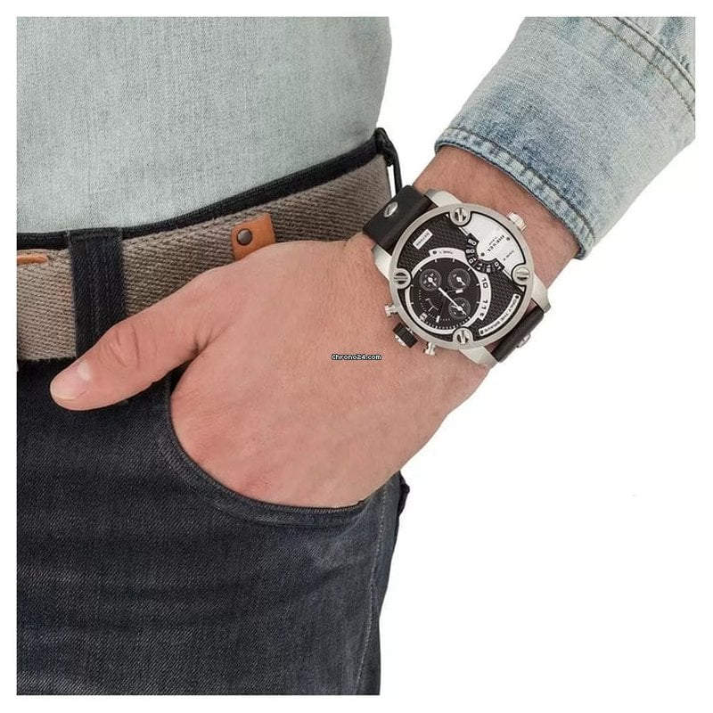 Diesel Little Daddy Black Dial Black Leather Strap Watch For Men - DZ7256