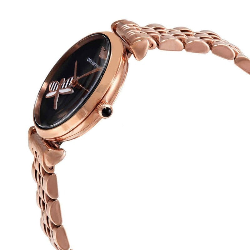 Emporio Armani Gianni T Bar Black Dial Rose Gold Steel Strap Watch For Women - AR11206