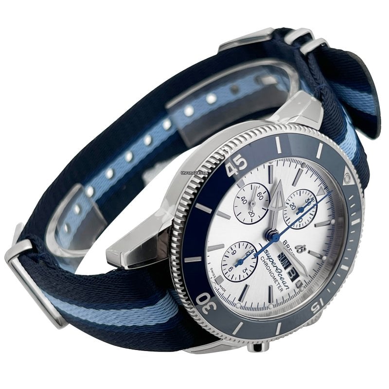 Breitling Superocean Heritage Chronograph 44 Ocean Conservancy Silver Dial Two Tone NATO Strap Watch for Men - A133131A1G1W1