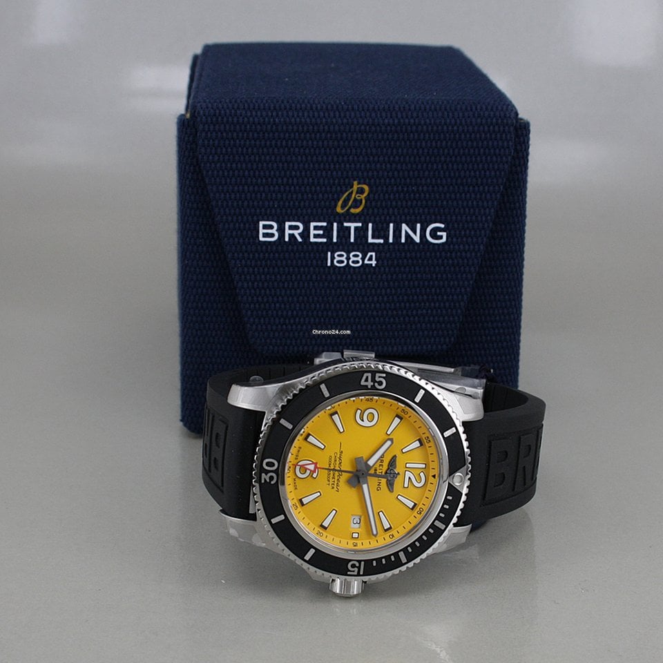 Breitling Superocean Automatic 44mm Yellow Dial Black Rubber Strap Watch for Men - A17367021I1S1