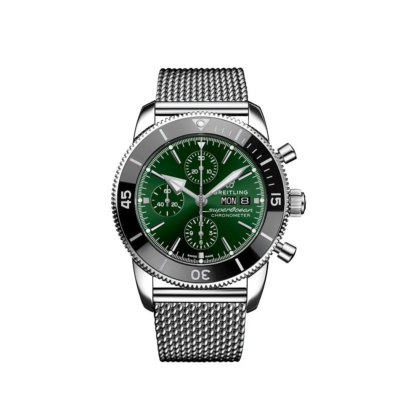 Breitling Superocean Heritage Chronograph 44 Green Dial Silver Mesh Bracelet Watch for Men - A13313121L1A1