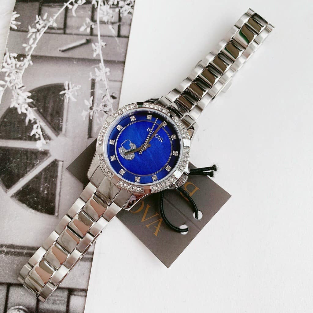 Bulova Crystal Collection Mother of Pearl Blue Dial Silver Steel Strap Watch for Women - 96L238