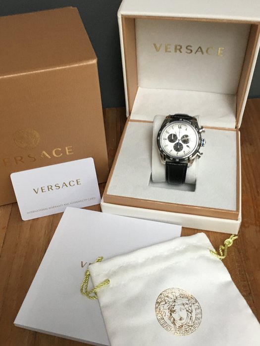 Versace V-Ray Quartz Silver Dial Black Leather Strap Watch for Men - VDB010014