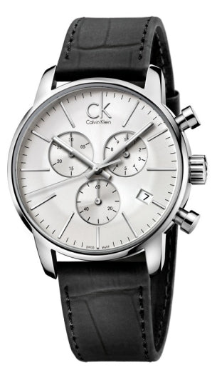 Calvin Klein City Chronograph Silver Dial Black Leather Strap Watch for Men - K2G271C6