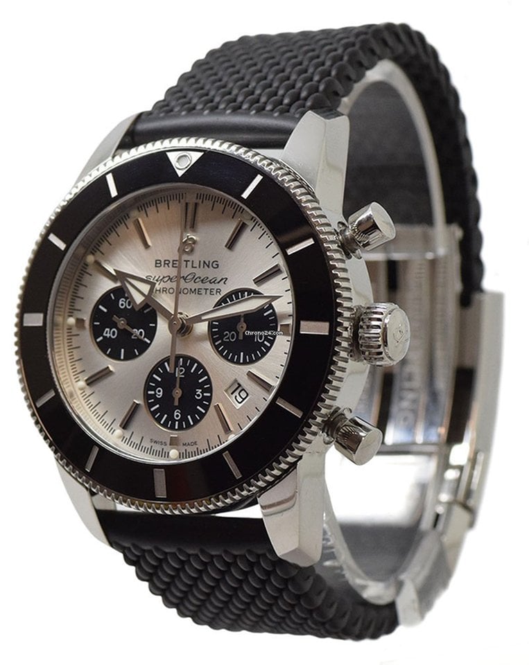 Breitling Superocean Heritage B01 Chronograph 44 Silver Dial Black Mesh Bracelet Watch for Men - AB0162121G1S1